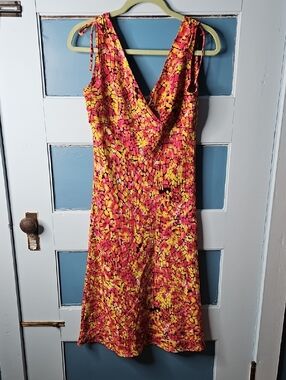Retro Y2K Vibrant Mosaic Print Tie-Shoulder Sundress - Pink & Yellow Small